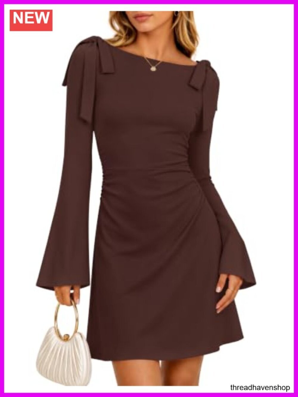 Women's Tie Shoulder Ruched Long Sleeve Bodycon Mini Dress Bell Sleeve Boat Neck
